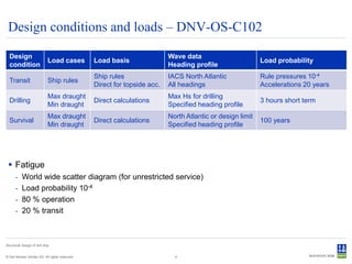 Design conditions and loads – DNV-OS-C102

  Design                                                                  Wave data
                              Load cases        Load basis                                                 Load probability
  condition                                                               Heading profile
                                                Ship rules                IACS North Atlantic              Rule pressures 10-4
  Transit                     Ship rules
                                                Direct for topside acc.   All headings                     Accelerations 20 years
                              Max draught                                 Max Hs for drilling
  Drilling                                      Direct calculations                                        3 hours short term
                              Min draught                                 Specified heading profile
                              Max draught                                 North Atlantic or design limit
  Survival                                      Direct calculations                                        100 years
                              Min draught                                 Specified heading profile




  Fatigue
      -    World wide scatter diagram (for unrestricted service)
      -    Load probability 10-4
      -    80 % operation
      -    20 % transit



Structural design of drill ship


© Det Norske Veritas AS. All rights reserved.                               4
 