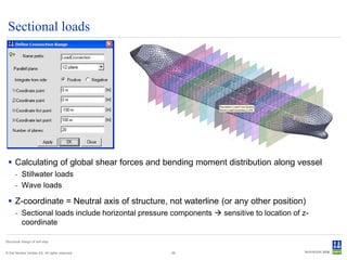 Sectional loads




  Calculating of global shear forces and bending moment distribution along vessel
      - Stillwater loads
      - Wave loads

  Z-coordinate = Neutral axis of structure, not waterline (or any other position)
      - Sectional loads include horizontal pressure components  sensitive to location of z-
        coordinate

Structural design of drill ship


© Det Norske Veritas AS. All rights reserved.      26
 