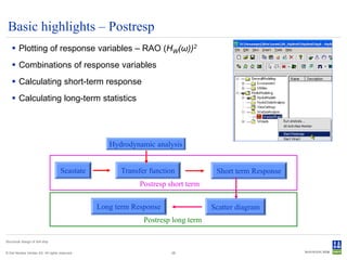 Basic highlights – Postresp
     Plotting of response variables – RAO (HW(ω))2
     Combinations of response variables
     Calculating short-term response
     Calculating long-term statistics




                                                   Hydrodynamic analysis


                                    Seastate          Transfer function            Short term Response
                                                            Postresp short term

                                                Long term Response                Scatter diagram
                                                             Postresp long term

Structural design of drill ship


© Det Norske Veritas AS. All rights reserved.                         28
 