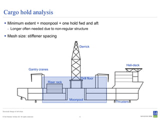 Cargo hold analysis
   Minimum extent = moonpool + one hold fwd and aft
       - Longer often needed due to non-regular structure

   Mesh size: stiffener spacing

                                                                   Derrick




                                                                                            Heli-deck
                                     Gantry cranes

                                                                       Drill floor
                                                 Riser rack




                                                              Moonpool
                                                                                     Thrusters

Structural design of drill ships


© Det Norske Veritas AS. All rights reserved.                      4
 