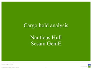 Cargo hold analysis

                                                  Nauticus Hull
                                                  Sesam GeniE


Structural design of drill ships


© Det Norske Veritas AS. All rights reserved.            17
 