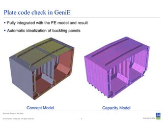 Plate code check in GeniE
  Fully integrated with the FE model and result
  Automatic idealization of buckling panels




                                   Concept Model       Capacity Model
Structural design of drill ships


© Det Norske Veritas AS. All rights reserved.      6
 
