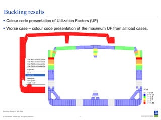 Buckling results
 Colour code presentation of Utilization Factors (UF)
 Worse case – colour code presentation of the maximum UF from all load cases.




Structural design of drill ships


© Det Norske Veritas AS. All rights reserved.   7
 