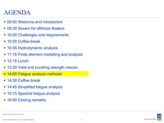 AGENDA
  09:00 Welcome and introduction
  09:30 Sesam for offshore floaters
  10:00 Challenges and requirements
  10:30 Coffee break
  10:45 Hydrodynamic analysis
  11:15 Finite element modelling and analysis
  12:15 Lunch
  13:30 Yield and buckling strength checks
  14:00 Fatigue analysis methods
  14:30 Coffee break
  14:45 Simplified fatigue analysis
  15:15 Spectral fatigue analysis
  16:00 Closing remarks


Structural design of drill ships


© Det Norske Veritas AS. All rights reserved.   2
 