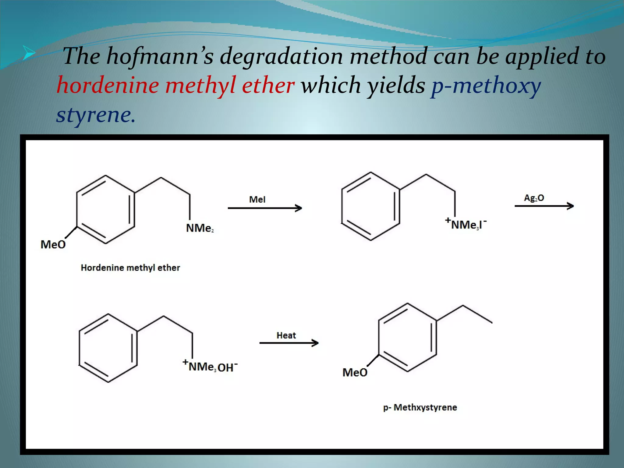  The hofmann’s degradation method can be applied to
hordenine methyl ether which yields p-methoxy
styrene.
 