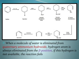  When a molecule of water is eliminated from
quaternary ammonium hydroxide, hydrogen atom is
always eliminated from the β-position, if this hydrogen is
not available, the reaction fails
 