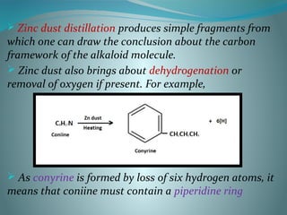  Zinc dust distillation produces simple fragments from
which one can draw the conclusion about the carbon
framework of the alkaloid molecule.
 Zinc dust also brings about dehydrogenation or
removal of oxygen if present. For example,
 As conyrine is formed by loss of six hydrogen atoms, it
means that coniine must contain a piperidine ring
 