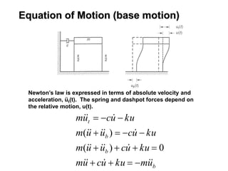 Equation of Motion (base motion)
Newton’s law is expressed in terms of absolute velocity and
acceleration, üt(t). The spring and dashpot forces depend on
the relative motion, u(t).
b
b
b
t
u
m
ku
u
c
u
m
ku
u
c
u
u
m
ku
u
c
u
u
m
ku
u
c
u
m

































0
)
(
)
(
 