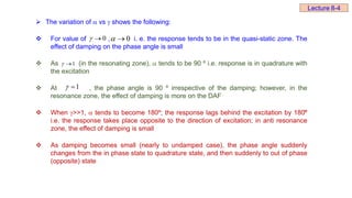  The variation of  vs  shows the following:
 For value of , i. e. the response tends to be in the quasi-static zone. The
effect of damping on the phase angle is small
 As (in the resonating zone),  tends to be 90 º i.e. response is in quadrature with
the excitation
 At , the phase angle is 90 º irrespective of the damping; however, in the
resonance zone, the effect of damping is more on the DAF
 When >>1,  tends to become 180º; the response lags behind the excitation by 180̇º
i.e. the response takes place opposite to the direction of excitation; in anti resonance
zone, the effect of damping is small
 As damping becomes small (nearly to undamped case), the phase angle suddenly
changes from the in phase state to quadrature state, and then suddenly to out of phase
(opposite) state
0

 0
 
1


1


Lecture 8-4
 