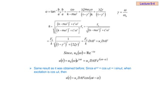    
1
2 2 2
2 2
tan ;
1 1
n
m
b b c
a a k m k
  
 

  

   
   n


 
 
   
 
 
 
 
 
   
 
 
 
2
2 2 2
0
0
2 2
2 2 2 2
2 2 2
k m c F
R F
k m c
k m c
   
0 0
2 2
2
1
1 2
s
F F
DAF u DAF
k k
 
  
 
     



 

 t
i
s
t
i
DAFe
u
e
u
t
u 0
  
 i
u
Since 
 Re
, 0
 Same result as it was obtained before; Since eiωt = cos ωt + i sinωt, when
excitation is cos ωt, then
   

 
 t
DAF
u
t
u s cos
Lecture 9-4
 