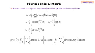 Fourier series & integral
 Fourier series decomposes any arbitrary function x(t) into Fourier components
 
 
 
 

 

α
0
k k
k=1
T T
2 2
k 0
T T
- -
2 2
T
2
k
T
-
2
a 2πkt 2πkt
x(t)= + a cos +b sin
2 T T
2 2πkt 2
a = x(t)cos dt a = x t dt
T T T
2 2πkt
b = x(t)sin dt
T T
Lecture 15-5
2 2
2 2
( ) ( )cos( ) cos( ) ( )sin( ) sin( )
2 1 1
- -
T T
o
k k k k
T T
a
x t x t t dt t x t t dt t
k k
 
 
   


   
   
   
   
   
 
  
 
 
 
 