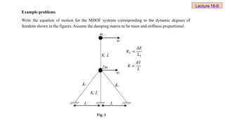 Lecture 18-6
Example problems
Write the equation of motion for the MDOF systems corresponding to the dynamic degrees of
freedom shown in the figures. Assume the damping matrix to be mass and stiffness proportional.
Fig. 1
 