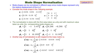 Mode shapes can be normalized in different ways since mode shapes represent only
the relative displacement of the d.o.f.
 Consider the mode shape in the following example:
 The normalization is done with the first value taken as unity and with maximum value
taken as unity; the corresponding mode shapes are,
 Another way of normalization is with respect to the mass matrix i.e.
Mode Shape Normalisation Lecture 21-1
 
 
 
1
2
3
0.036 0.036 0.125
0.158 0.158 0
0.154 0.154 0.03
T
T
T




 



20 0 0
0 20 0
0 0 60
m
 
 
  
 
 
m
 
 
 
1
2
3
1 1 3.47
1 1 0
1 1 0.195
T
T
T







 
 
 
1
2
3
0.288 0.288 1
1 1 0
1 1 0.195
T
T
T








 
 
 
1 1 1 1
1
2 2 2 2
2
3 3 3 3
3
0.0144 0.0144 0.05
0.05 0.05 0
0.0167 0.0167 0.00 5
1
;
1
;
1
; 32
T
T
T
T
T
T
m
m
m
m
m
m
 


 

 
m
m
m
  
  
  
 