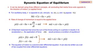 It can be derived using three different concepts, all concluding that inertia force acts opposite to
the direction of motion ( or applied force)
 For oscillatory body, is opposite to u(t) and p(t); so, and oppose
u

 ,
u
M 
 u
C  Ku P(t)
p(t)
Ku
u
C
u
M 

 


 Rate of change of momentum is equal to the applied force
du
p(t)- cu ku m mu
dt
   mu cu ku p(t)
  
 D’Alambert reasoned that since the sum of the forces acting on a particle m results in its
acceleration , the application of force would produce a condition of equilibrium
u
-M 

0
p(t) f(t)- mu
 
f(t) -cu ku
 
mu cu ku p(t)
  
u


 The equation of motion is a second order differential equation. It can also be written as a set
of two coupled first order differential equations
Dynamic Equation of Equilibrium Lecture 3-4
 