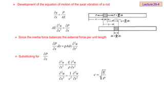  Development of the equation of motion of the axial vibration of a rod
AE
P
x
u



2
2
u P
AE
x
x
 



2
2
t
u
Adx
dx
x
P






Lecture 29-4
 Since the inertia force balances the external force per unit length
 Substituting for
P
x


2 2
2 2
u E u
t x

 

 
2 2
2 2 2
1
u u
x c t
 

 
E
c


 