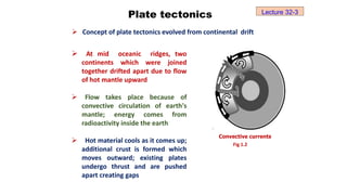 Plate tectonics
 At mid oceanic ridges, two
continents which were joined
together drifted apart due to flow
of hot mantle upward
 Flow takes place because of
convective circulation of earth's
mantle; energy comes from
radioactivity inside the earth
 Hot material cools as it comes up;
additional crust is formed which
moves outward; existing plates
undergo thrust and are pushed
apart creating gaps
Convective currents
 Concept of plate tectonics evolved from continental drift
Fig 1.2
Lecture 32-3
 