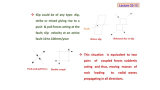 Fault
Before slip Rebound due to slip
Push and pull force Double couple
 Slip could be of any type- dip,
strike or mixed giving rise to a
push & pull forces acting at the
fault; slip velocity at an active
fault-10 to 100mm/year
 This situation is equivalent to two
pairs of coupled forces suddenly
acting and thus, moving masses of
rock leading to radial waves
propagating in all directions.
Lecture 32-13
 