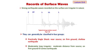 Records of Surface Waves
 Strong earthquake waves recorded on the surface are irregular in nature
P PP S SS L
 They can generally be classified in four groups:
 Practically Single Shock: near source; on firm ground; shallow
earthquake
 Moderately long irregular: moderate distance from source; on
firm ground-El centro earthquake
Typical strong motion record
Fig 1.10
Lecture 33-6
 
