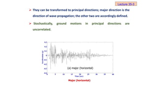  They can be transformed to principal directions; major direction is the
direction of wave propagation; the other two are accordingly defined.
 Stochastically, ground motions in principal directions are
uncorrelated.
(a) major (horizontal)
Major (horizontal)
0 5 10 15 20 25 30 35 40
-0.4
-0.3
-0.2
-0.1
0
0.1
0.2
0.3
Acceleration
(g)
Time (sec)
Lecture 35-3
 