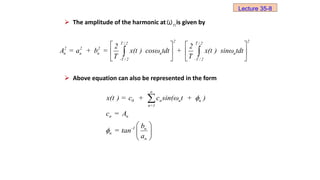  The amplitude of the harmonic at is given by
2 2
T / 2 T / 2
2 2 2
n n n n n
-T / 2 -T / 2
2 2
A = a + b = x(t ) cosω tdt + x(t ) sinω tdt
T T
   
   
   
 
n
ω
 Above equation can also be represented in the form
α
0 n n n
n=1
n n
-1 n
n
n
x(t ) = c + c sin(ω t + )
c = A
b
= tan
a


 
 
 

Lecture 35-8
 