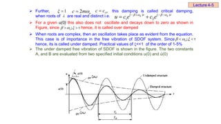  Further, this damping is called critical damping,
when roots of are real and distinct i.e.
 For a given u(0) this also does not oscillate and decays down to zero as shown in
Figure, since hence, it is called over damped
 When roots are complex, then an oscillation takes place as evident from the equation.
This case is of importance in the free vibration of SDOF system. Since
hence, its is called under damped. Practical values of <<1 of the order of 1-5%
 The under damped free vibration of SDOF is shown in the figure. The two constants
A, and B are evaluated from two specified initial conditions u(0) and ů(0)
cr
c
c 

2 n
c m

1


  
 
; 1
n
Lecture 4-5
( ) ( )
1 2
d d
t t
u c e c e
   
   
 
  
 
; 1
n
 