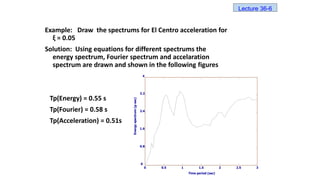 Example: Draw the spectrums for El Centro acceleration for
ξ = 0.05
Solution: Using equations for different spectrums the
energy spectrum, Fourier spectrum and accelaration
spectrum are drawn and shown in the following figures
Tp(Energy) = 0.55 s
Tp(Fourier) = 0.58 s
Tp(Acceleration) = 0.51s
0 0.5 1 1.5 2 2.5 3
0
0.8
1.6
2.4
3.2
4
Time period (sec)
Energy
spectrum
(g-sec)
Lecture 36-6
 