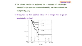 The above exercise is performed for a number of earthquakes.
Averages for the plots for different values of 𝜇 are used to obtain the
final plot of 𝑓𝑦 vsTn
These plots are then idealized into a set of straight lines to get an
idealized plot of 𝑓𝑦 vsTn
0.01 0.05 0.1 0.5 1 5 10 50 100
0.05
0.1
0.5
1
T
a
=1/33
T
f
=33
T
b
=1/8
T
c
T
e
=10
f
y
Tn, sec
8
 
4
 
2
 
0.2
1
 
Tc'
1.5
 
Lecture 39-9
 
