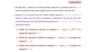  Example 38.1 : Construct an inelastic design spectrum in a tripartite plot for 𝜇 = 2
from the 50th percentile elastic design spectrum constructed in Example 36.1
 Solution: It is presumed that the elastic design spectrum 𝑎 − 𝑏 − 𝑐 − 𝑑 − ⅇ − 𝑓
shown in Figure 36.1 has been developed as explained in lecture 36. From this
elastic design spectrum, the inelastic design spectrum 𝑎′
− 𝑏′
− 𝑐′
− 𝑑′
− ⅇ′
− 𝑓′
is
obtained as below
1. Divide the constant-A ordinate of segment 𝑏 − 𝑐 by 𝑅𝑦 = 2𝜇 − 1 to
obtain the segment 𝑏′ − 𝑐′
2. Divide the constant-V ordinate of segment 𝑐 − 𝑑 by 𝑅𝑦 = 𝜇 to obtain the
segment 𝑐′ − 𝑑′
3. Divide the constant-D ordinate of segment 𝑑 − ⅇ by 𝑅𝑦 = 𝜇 to obtain the
segment 𝑑′
− ⅇ′
Lecture 39-11
 
