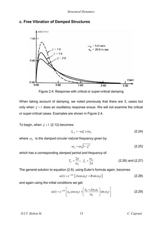 Structural Dynamics
D.I.T. Bolton St 13 C. Caprani
c. Free Vibration of Damped Structures
Figure 2.4: Response with critical or super-critical damping
When taking account of damping, we noted previously that there are 3, cases but
only when 1
< does an oscillatory response ensue. We will not examine the critical
or super-critical cases. Examples are shown in Figure 2.4.
To begin, when 1
< (2.12) becomes:
1,2 d
i
= ± (2.24)
where d is the damped circular natural frequency given by:
2
1
d = (2.25)
which has a corresponding damped period and frequency of:
2
;
d
d
T =
2
d
d
f = (2.26) and (2.27)
The general solution to equation (2.9), using Euler’s formula again, becomes:
( )
( ) cos sin
t
d d
u t e A t B t
= + (2.28)
and again using the initial conditions we get:
0 0
0
( ) cos sin
t d
d d
d
u u
u t e u t t
+
= + (2.29)
 