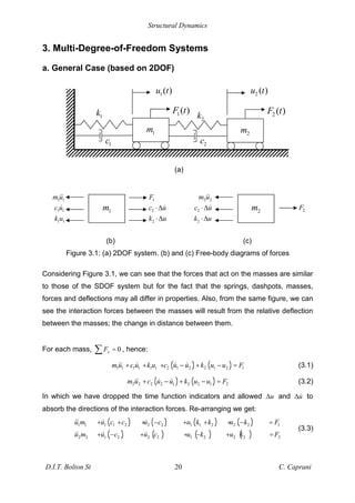 Structural Dynamics
D.I.T. Bolton St 20 C. Caprani
3. Multi-Degree-of-Freedom Systems
a. General Case (based on 2DOF)
(a)
(b) (c)
Figure 3.1: (a) 2DOF system. (b) and (c) Free-body diagrams of forces
Considering Figure 3.1, we can see that the forces that act on the masses are similar
to those of the SDOF system but for the fact that the springs, dashpots, masses,
forces and deflections may all differ in properties. Also, from the same figure, we can
see the interaction forces between the masses will result from the relative deflection
between the masses; the change in distance between them.
For each mass, 0
x
F = , hence:
( ) ( )
1 1 1 1 1 1 2 1 2 2 1 2 1
m u c u k u c u u k u u F
+ + + + = (3.1)
( ) ( )
2 2 2 2 1 2 2 1 2
m u c u u k u u F
+ + = (3.2)
In which we have dropped the time function indicators and allowed u and u to
absorb the directions of the interaction forces. Re-arranging we get:
( ) ( ) ( ) ( )
( ) ( ) ( ) ( )
1 1 1 1 2 2 2 1 1 2 2 2 1
2 2 1 2 2 2 1 2 2 2 2
u m u c c u c u k k u k F
u m u c u c u k u k F
+ + + + + + =
+ + + + =
(3.3)
2
F
2 2
m u
2
c u
2
k u
2
m
1
m
1( )
u t
1( )
F t
2
m
2 ( )
F t
2 ( )
u t
1
k
1
c
2
k
2
c
1 1
m u
1 1
c u
1 1
k u
1
m
1
F
2
c u
2
k u
 