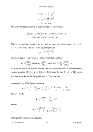 Structural Dynamics
D.I.T. Bolton St 24 C. Caprani
1 2 3
6
3
6
12
2
2 12 4.5 10
3
4 10 N/m
c
EI
k k k
h
k
= = =
× × ×
=
= ×
The characteristic polynomial is as given in (3.15) so we have:
6 2 6 2 12
6 4 10 2 12
8 10 5000 4 10 3000 16 10 0
15 10 4.4 10 16 10 0
× × × =
× × + × =
This is a quadratic equation in 2
and so can be solved using 6
15 10
a = × ,
10
4.4 10
b = × and 12
16 10
c = × in the usual expression
2
2 4
2
b b ac
a
±
=
Hence we get 2
1 425.3
= and 2
2 2508
= . This may be written:
2 425.3
2508
n = hence
20.6
50.1
n = rad/s and
3.28
7.97
2
n
= =
f Hz
To solve for the mode shapes, we will use the appropriate form of the equation of
motion, equation (3.13): 2
K M a = 0 . First solve for the 2
=
E K M matrix
and then solve Ea = 0 for the amplitudes n
a . Then, form n .
In general, for a 2DOF system, we have:
2
1 2 2 1
2 1 2 1 2
2
2 2 2 2 2 2
0
0
n
n n
n
k k k m k k m k
k k m k k m
+ +
= =
E
For 2
1 425.3
= :
6
1
5.8735 4
10
4 2.7241
= ×
E
Hence
1
6
1 1
2
5.8735 4 0
10
4 2.7241 0
a
a
= =
E a
Taking either equation, we calculate:
 