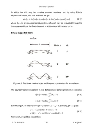 Structural Dynamics
D.I.T. Bolton St 32 C. Caprani
In which the G ’s may be complex constant numbers, but, by using Euler’s
expressions for cos, sin, sinh and cosh we get:
( ) ( ) ( ) ( ) ( )
1 2 3 4
sin cos sinh cosh
x A x A x A x A x
= + + + (4.15)
where the A ’s are now real constants; three of which may be evaluated through the
boundary conditions; the fourth however is arbitrary and will depend on .
Simply-supported Beam
Figure 4.3: First three mode shapes and frequency parameters for an s-s beam.
The boundary conditions consist of zero deflection and bending moment at each end:
( ) ( )
2
2
0, 0 and 0, 0
v
v t EI t
x
= = (4.16)
( ) ( )
2
2
, 0 and , 0
v
v L t EI L t
x
= = (4.17)
Substituting (4.16) into equation (4.14) we find 2 4 0
A A
= = . Similarly, (4.17) gives:
( )
( )
1 3
2 2
1 3
sin( ) sinh( ) 0
'' sin( ) sinh( ) 0
L A L A L
L A L A L
= + =
= + =
(4.18)
from which, we get two possibilities:
 