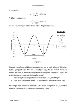 Structural Dynamics
D.I.T. Bolton St 3 C. Caprani
In our system:
1 100
0.503 Hz
2 10
f = =
And from equation (1.1):
1 1
1.987 secs
0.503
T
f
= = =
We can see from Figure 1.3 that this is indeed the period observed.
-25
-20
-15
-10
-5
0
5
10
15
20
25
0 0.5 1 1.5 2 2.5 3 3.5 4
Time (s)
Displacement
(mm)
Period T
Figure 1.3
To reach the deflection of 20 mm just applied, we had to apply a force of 2 N, given
that the spring stiffness is 100 N/m. As noted previously, the rate at which this load is
applied will have an effect of the dynamics of the system. Would you expect the
system to behave the same in the following cases?
- If a 2 N weight was dropped onto the mass from a very small height?
- If 2 N of sand was slowly added to a weightless bucket attached to the mass?
Assuming a linear increase of load, to the full 2 N load, over periods of 1, 3, 5 and 10
seconds, the deflections of the system are shown in Figure 1.4.
m = 10 kg
k = 100 N/m
 