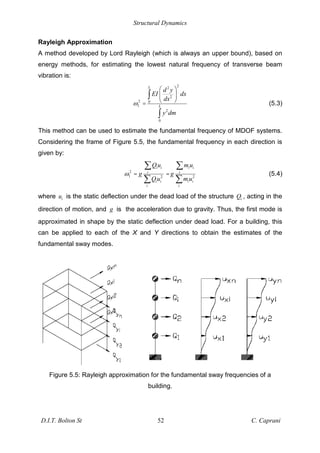 Structural Dynamics
D.I.T. Bolton St 52 C. Caprani
Rayleigh Approximation
A method developed by Lord Rayleigh (which is always an upper bound), based on
energy methods, for estimating the lowest natural frequency of transverse beam
vibration is:
2
2
2
2 0
1
2
0
L
L
d y
EI dx
dx
y dm
= (5.3)
This method can be used to estimate the fundamental frequency of MDOF systems.
Considering the frame of Figure 5.5, the fundamental frequency in each direction is
given by:
2
1 2 2
i i i i
i i
i i i i
i i
Qu m u
g g
Qu m u
= = (5.4)
where i
u is the static deflection under the dead load of the structure i
Q , acting in the
direction of motion, and g is the acceleration due to gravity. Thus, the first mode is
approximated in shape by the static deflection under dead load. For a building, this
can be applied to each of the X and Y directions to obtain the estimates of the
fundamental sway modes.
Figure 5.5: Rayleigh approximation for the fundamental sway frequencies of a
building.
 