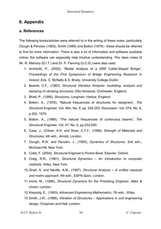 Structural Dynamics
D.I.T. Bolton St 54 C. Caprani
6. Appendix
a. References
The following books/articles were referred to in the writing of these notes; particularly
Clough & Penzien (1993), Smith (1988) and Bolton (1978) - these should be referred
to first for more information. There is also a lot of information and software available
online; the software can especially help intuitive understanding. The class notes of
Mr. R. Mahony (D.I.T.) and Dr. P. Fanning (U.C.D.) were also used.
1. Archbold, P., (2002), “Modal Analysis of a GRP Cable-Stayed Bridge”,
Proceedings of the First Symposium of Bridge Engineering Research In
Ireland, Eds. C. McNally & S. Brady, University College Dublin.
2. Beards, C.F., (1983), Structural Vibration Analysis: modelling, analysis and
damping of vibrating structures, Ellis Horwood, Chichester, England.
3. Bhatt, P., (1999), Structures, Longman, Harlow, England.
4. Bolton, A., (1978), “Natural frequencies of structures for designers”, The
Structural Engineer, Vol. 56A, No. 9, pp. 245-253; Discussion: Vol. 57A, No. 6,
p.202, 1979.
5. Bolton, A., (1969), “The natural frequencies of continuous beams”, The
Structural Engineer, Vol. 47, No. 6, pp.233-240.
6. Case, J., Chilver, A.H. and Ross, C.T.F., (1999), Strength of Materials and
Structures, 4th edn., Arnold, London.
7. Clough, R.W. and Penzien, J., (1993), Dynamics of Structures, 2nd edn.,
McGraw-Hill, New York.
8. Cobb, F. (2004), Structural Engineer’s Pocket Book, Elsevier, Oxford.
9. Craig, R.R., (1981), Structural Dynamics – An introduction to computer
methods, Wiley, New York.
10.Ghali, A. and Neville, A.M., (1997), Structural Analysis – A unified classical
and matrix approach, 4th edn., E&FN Spon, London.
11.Irvine, M., (1986), Structural Dynamics for the Practising Engineer, Allen &
Unwin, London.
12.Kreyszig, E., (1993), Advanced Engineering Mathematics, 7th edn., Wiley.
13.Smith, J.W., (1988), Vibration of Structures – Applications in civil engineering
design, Chapman and Hall, London.
 