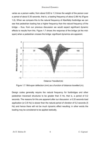 Structural Dynamics
D.I.T. Bolton St 6 C. Caprani
varies as a person walks; from about 0.65 to 1.3 times the weight of the person over
a period of about 0.35 seconds, that is, a loading frequency of about 2.86 Hz (Figure
1.6). When we compare this to the natural frequency of Aberfeldy footbridge we can
see that pedestrian loading has a higher frequency than the natural frequency of the
bridge – thus, from our previous discussion we would expect significant dynamic
effects to results from this. Figure 1.7 shows the response of the bridge (at the mid-
span) when a pedestrian crosses the bridge: significant dynamics are apparent.
Figure 1.7: Mid-span deflection (mm) as a function of distance travelled (m).
Design codes generally require the natural frequency for footbridges and other
pedestrian traversed structures to be greater than 5 Hz, that is, a period of 0.2
seconds. The reasons for this are apparent after our discussion: a 0.35 seconds load
application (or 2.8 Hz) is slower than the natural period of vibration of 0.2 seconds (5
Hz) and hence there will not be much dynamic effect resulting; in other words the
loading may be considered to be applied statically.
 