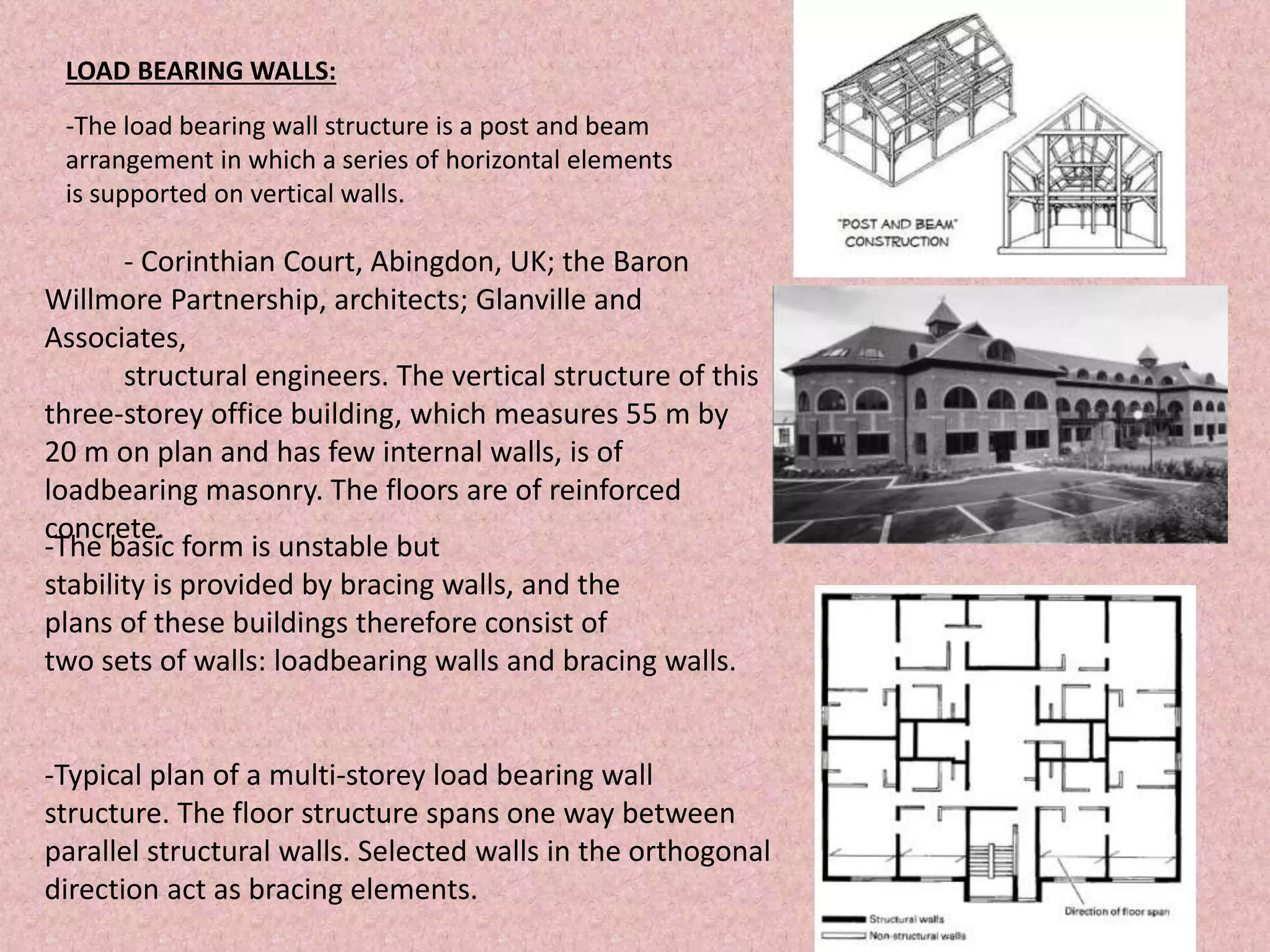 LOAD BEARING WALLS:
-The load bearing wall structure is a post and beam
arrangement in which a series of horizontal elements
is supported on vertical walls.
- Corinthian Court, Abingdon, UK; the Baron
Willmore Partnership, architects; Glanville and
Associates,
structural engineers. The vertical structure of this
three-storey office building, which measures 55 m by
20 m on plan and has few internal walls, is of
loadbearing masonry. The floors are of reinforced
concrete.
-The basic form is unstable but
stability is provided by bracing walls, and the
plans of these buildings therefore consist of
two sets of walls: loadbearing walls and bracing walls.
-Typical plan of a multi-storey load bearing wall
structure. The floor structure spans one way between
parallel structural walls. Selected walls in the orthogonal
direction act as bracing elements.
 