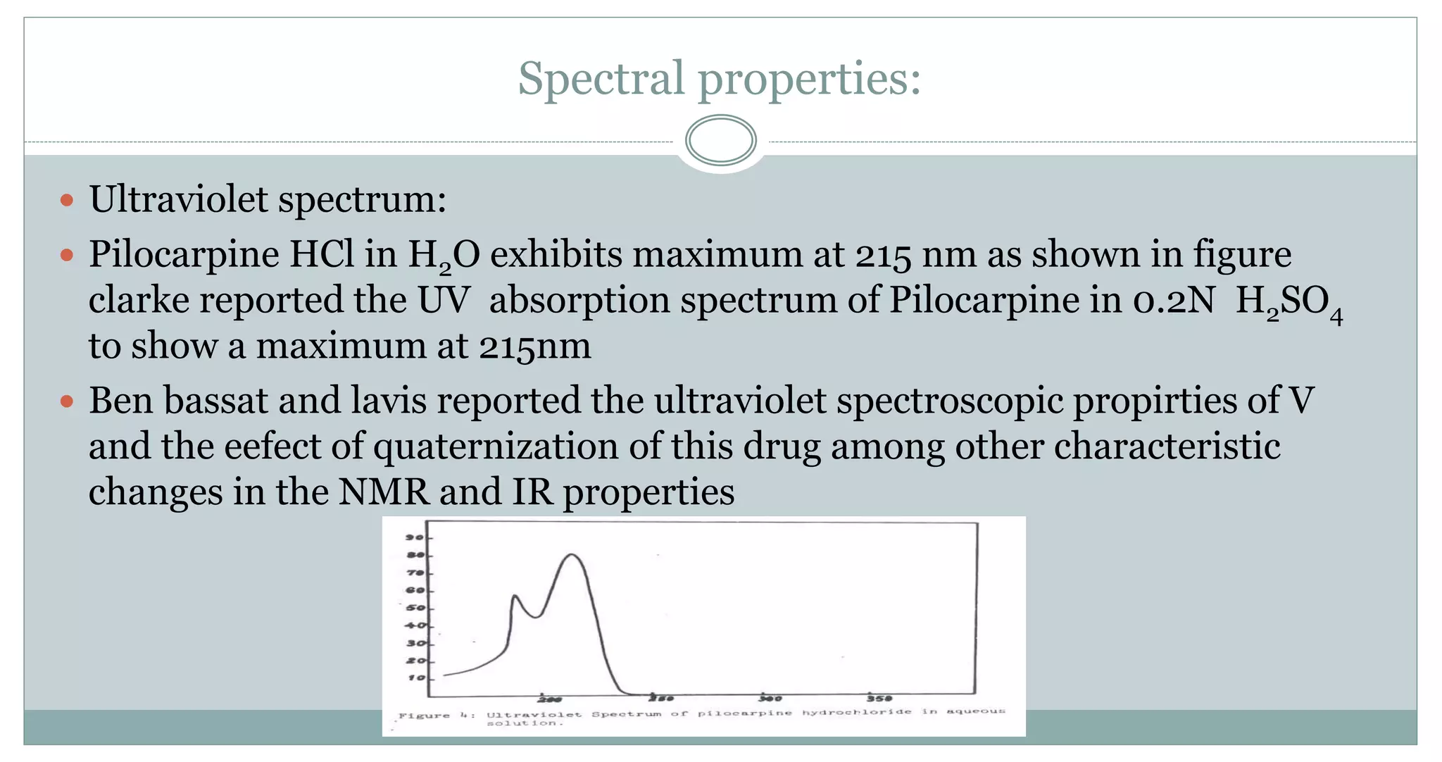 Spectral properties:
 Ultraviolet spectrum:
 Pilocarpine HCl in H2O exhibits maximum at 215 nm as shown in figure
clarke reported the UV absorption spectrum of Pilocarpine in 0.2N H2SO4
to show a maximum at 215nm
 Ben bassat and lavis reported the ultraviolet spectroscopic propirties of V
and the eefect of quaternization of this drug among other characteristic
changes in the NMR and IR properties
 