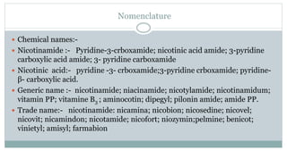 Nomenclature
 Chemical names:-
 Nicotinamide :- Pyridine-3-crboxamide; nicotinic acid amide; 3-pyridine
carboxylic acid amide; 3- pyridine carboxamide
 Nicotinic acid:- pyridine -3- crboxamide;3-pyridine crboxamide; pyridine-
β- carboxylic acid.
 Generic name :- nicotinamide; niacinamide; nicotylamide; nicotinamidum;
vitamin PP; vitamine B3 ; aminocotin; dipegyl; pilonin amide; amide PP.
 Trade name:- nicotinamide: nicamina; nicobion; nicosedine; nicovel;
nicovit; nicamindon; nicotamide; nicofort; niozymin;pelmine; benicot;
vinietyl; amisyl; farmabion
 