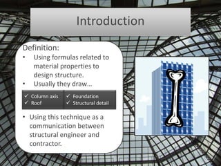 Introduction 
Definition: 
• Using formulas related to 
material properties to 
design structure. 
• Usually they draw… 
 Column axis 
 Roof 
 Foundation 
 Structural detail 
• Using this technique as a 
communication between 
structural engineer and 
contractor. 
 