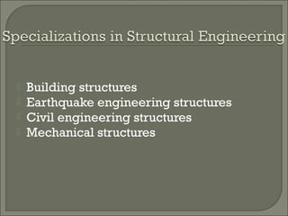 




Building structures
Earthquake engineering structures
Civil engineering structures
Mechanical structures

 