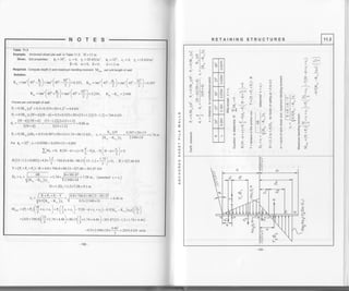 w-
NOTES
Tablo 11.3
Example, Anchored sheetpilewall in Table 11.3, H=15 m
RETAINING STRUCTURES
Given, Soil propedies: 0, =30', cr =0, ^L=20 kN/m3, 02 =320, cz =0, T, =18 kN/ml
Requrred. compute deprh D ano
'*,'r.lJ"oo,"n"rl"l""i;t:* ,:,;fi"Tn-
",",Solution.
r", = m' f +s' -9 l-,un' f +s' -4)=o.rrr, K. = tan' | +s' -9 1 =,-, i +r" -14 I = o.ro,"'  2)  2 ) ( 2l '-
[- z)--"
K,. =r*'f +so+91=,un'[+:"*14 ]=r.rro, K", -K,. =2.s48
"'  2) l. 2 )
Forces per unit length of wall
P, = 0.5K",T,dt = 0.5x0.333x20x1.2': = 4.8 kN
P, = 0.5K", y, (H + d) (H - d) = 0.5 x 0.333 x20x (rs + r.2) (r s - 1.2) = 744.4 kN
. (H -d)(2H +d) {r5 - t.2 )(2x t5 + 1.2 )
' 3(H+d) 3(ts+t.2)
p:
=0.5K",rrHz, =0.5x0.307x20x15x1.74=80.13 kN, , =#HE =o'r!#frirt =r.r,
Fot Q2 =32' : x = 0.059H = 0.059x15 = 0.885
Ivr, = o, R(H-d+x )+r, 4-p,a, -p, (H-a-1) = o
R(r5 -1.2+0.885 )+ +sx! -t ++.+x8.86-80.13fl5-r.r* t tol
= o, R = 527.46 kN
3  z ) -'
T = (Pr + P, + & ) - R = 4.8 + 744.4 +80. l3 - 527.46 = 301.87 kN
o"=r, * i|,,E =, ro*.@=7.58m. {assumed
V(K' -K..)Y,, Y2c48xl8
D= l.2Do =1.2x7.58=9.1 m
i e,+e,+e.-r /4J+i44l+sot3-jot-87
, _-
! 0.5(Ke - K" )y, Y 0.5v 2.948x 18
r.* = (q *r,)(4*,, *,,) *r,(2,,*".)*r(+r-d+2,+2.)-0s1r," -r", )i,* (f)
= {
+. s + za.+; (ll + t.t a + +.+6)+ Bo x(}t.t + * +.+al - ro,.r, 1
r, -,., + 1.7 4 + 4. 46)
-0.5x2.g48xt8x4
46'
= 2019.4 kN .m/m
o
=ul
J
;
F
u
lll
a
U
o
z
s' slo
+
-
i ^i+.1
*-l:'
^i bT.
B E --l- )z
qP"i;
:!+aGl, l
> X I 19 Nl-
; : tFt-j-- Nl
E E tit .,
J E l'"ll oi
9 : l+lr +
6El^^li^
E -lTlv.. N
t E l'-|tr; I* F +F +
-oNl'":.
F+
,9b;o,-
^IEE-
xc
.!6
"nxEn-o<Htr>d
o
E
g
ll.,
I l>tl^
lo< | Fa
lel I
lli
I lv-
+
N
I
a
^lil':
N.'",
il Nilo a
x+
o il
-
ll
- E ----
er^.| r -
!.. E V
(d,b
or{c 'Ft,. 9
E^-O
h':o
o:
!xE
9+c
*+o:F
ffsL
I
o
I
o
T
ts
ci
N
-
d
N
I
N
o
Nl^
',''
=lJv ;l I
v't vl .
rr ll4
oiil
_Nl
F,z
> -l O
.- it o
V Jl- e
d Nl+ X
^^ Yl; g
it o
EII F
*d B
VEv] .- -a
,,,'rl
or-dx
o
E
u
N
o
o
.N
I
:a
if,Y
 