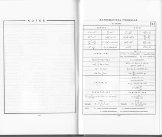 MATHEMATICAL FORMULAS
ALGEBRA M.1
POWERS ROOTS
a''
a; = Va"' '{a' = Va
(u') (a u)'" =u' o' ,6 Vb=6.u
16E
vb '{b
(u)' a'
.bl
a..6+s'".s=(b+c)a'" ('6I =dr VVa ='"i/a
I
a"=1, when a+0 i=fi J-=; Ji
LOGARITHMS
log"N=n
a=base, N =antilogarithm, n=logarithm (log)
log,o = lg = g6pr.r 1.t, log" = ln = ns1r.u1 1ot
log"(x y)=log"x+log"y e = 2.7 18281828459..
J
= log" x - log" y
Ig0.0l=-2, lg0.l=-1, 1g1=0,
lg10 = l, lgl00 = 2
log"x'=m log"x lg x = lg e. ln x = 0.434294. ln x
-llog, Vx =-:log, x
m
hx=ff=2.3o2sss tex
FACTORIAL
n!=1.2 3 ,.n
(n+l)!=(n+l)n!
0!:r. (o+r)t=(o+r)ot
"!=
J2- fll'e./
PERMU TATIONS COMBINATIONS
P; =,:+. = n.(n. t).(n -2)....(n m-t)
(n -mJ1
n>m
Exampte: P; -
l-i!1J
- 69
" l.).1.4.<
Example: ('.- , -10' 1.2,3.(t.2)
Where; P= numberofpossiblepermutations, C= numberofpossiblecombinations,
n = number of things given, m = number of selections from n given things.
 