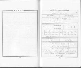 r-
NOTES-
-216-
MATHEMATICAL FORMULAS
ALGEBRA M.2
A LG E B R A IC E X P R E S S I O N S
(alb)'?=n'?+23616' 3r-U']=(a+b)(a-b)
(a +b)' - ar +3a2b+3ab'] t br sr +63 =(a+b)(a, Tab+b')
(a+b)' = n" *
a
u",6*
a(n-l)
u",6, *
a(n -1) (n2a" 3b3
+...b"
a" - b" = (a -U)(a"-r +a"'b+a" rb':
+...+ab'" +b" I
)
ALGEBRAIC EQUATIONS
Linear eouations
a|x +apy+afz = br
Third-orderdeterminants: a2x+a22y+a2rz=b1
L3rx + a32y + allz *- bl
D, D. D.
x=:t v=-. z=-
D D- t)
arL.a22.alr -al . ar. a)11
at2.a2l.alt -412.a2t.aI +
all.42 432-aB.a22.a3
I
o, u,, u,,
D, - j b, a,, a,,
I b. a,, a.,
Determine D. and D, similarly by replacing the y- and z- columns by the b- column
Equation of the 2nd degree
xt+px+q=g
Equation of ihe 3rd degree
xt+u2+bx+c=0
xr =Yr
a
3
,. ir /.
Determinant: D=l " i -l f L o- b--
l/ 21 l
2^lq=-a --a.b+c
a
If D=0: y,=i[4q, ,,=r.=E
a
- -' 3
-l-iJJ - t-i"6Il u:u: c0,=-- . o.=
-
'22
1-- ) --rf D 0: v, =iJ:/lpl co'e. r,-i.6J,orcs{q+t20'), v,-j'6ld-'1e ru0")
I -J,/Jqq= arccos- _H
 