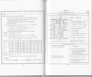 SOILS
NOTES
Table 8.4
Examole. Settlement of soil. Method based on elastic theory'
unirs: B(m), r(m), u(m),h,(-), P,(kN), v,(tNlm';, o" (kPa), E. (kPa)
I = weight of shuctures + weight of footing and surcharge + temporary load ( live load )
zi =distance from footing base to the middle of hi layer
Lower border of active soil zone for vertical load P" has been adopted as 20% of
natural soil Pressure: 0.2d"
oiven. B=3(m), r=s.4(n), H' =5(-), ho =2(t), h' =h' =1, =1 0(m)<0'4B
H, = 4.0(m). ho = h. = fi" = h- = 1.0(m)< 0 48
yo =Tr =1.8(ton/rn')=lz r(tNlm'), E' =40000(kPa)' F' =o'10
y, = 2.0(ton/m' ), s., = 25000(kPa)' 9z = 0'72
Engineering properties of soils are determined by field and laboratory methods
Required. Compute settlement of soil under footing
P. 3000
sof ution. op =
fr =
ffi = t 85.2 (kPa), o,o = Yoho = 17'7 2'0 = 35'4(lfa)
oa" = 6p - 6'10 = 185.2 -35.4 = 149.s(kPa), 0.2o, = 0.2xY'1,1 (ho + z, ) (kPa)
oa =dixo""' (fora' seeTable8'5a) , L/B=54l30=1'8
Ht zi (m/ - /a (xi o" (kPa) 0.2o, (kPa)
H1
0.167 0.944 141.4 8.9
0.500 o.794 1 18.9 12.4
0.833 0.561 84.0 15.9
H2
1.'t67 0.391 58.4 21.6
zs = 4'5 1.500 o.282 42.2 25.5
26 - 5'5 1.833 0.207 31.0 29.6
z- =6.5 2.167 o.157 23.5 33.3
Assume: z =6.0(m), zlB --2.0' o =0.189'
o" = 0.189x149.8 = 28.3 = 0'2c..1= 0.2(5.0x17.7+3.0x19'6) = 29'5(kl'a)
Settlement:
^
1A 0.72
S=t.0(14t.4+118.8+S+.01-Y19-r t.0(s8.4+42.2+11.0)ffi=0.0065+0.0018=0.0103(m)
SETTLEMENT OF SOIL 8.4
Method based on elastic theory
Ht7
t
l= Line or, 2 =Line 0.2or, 3 =Line o"
0oo
(Ior
co,
0os
con
0ou
a
Seftlemenl: s=io r, I
i=l Ds
Where
n=numberof h-heightlayers, h<0.48
oq - additional vertical pressue at the
mid-height of h, - layer , oa = o(,i .
oao
oa, =op-or, , or. =%ho , o" =5. B,L
cri = coefficient from Table 8.5a
Yi = mit weight of soil
& = total vertical load, B < L
B = width of footing , L = length of footing
Es = modulus of defomation of soil
)t12
0=l- -" u=Poisson'sratioforsoil' l-[
Sand: p=9.76, Sandyloam: 0=0.72
Sandy clay: 0=0.57, Clay: B=9.4
Alternative ormulas
Settlement ofloads on clay due to
primary consolidarion.
Settlement of loads on clay due to
s e c o n d ary c o n s o I i d a t i o n
S='o "[H]
l+eo' '
eo = initial void ratio ofthe soil in situ
e = void ratio ofthe soil corresponding to
the total pressue acting at midheight of
the consolidating clay layer
H = thickness ofthe consolidating clay layer
s, = c,s. log(t. /t" ) , c" = o.ot - o.o:
t. = life of the structue or time for which
settlement is required
te : time to completion of primary consolidation
 