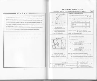 For determining the lateral eadh pressure on walls of structures, the methods thal have proved most
popular in engineering practice are those based on analysis of the sliding prism's standing balance'
The magnitude of the lateral earth pressure is dependent on the direction of the wall movement. This
correlation is represented graphically in Table l O l . The three known coordinates on the graph are
,Po and Pe. As the graph demonstrates, the active pressure is the smallest' and the passive pressure
the largest, among the forces and reactions acting between the soil and the wall
construction experience shows that even a minor movement of the retaining walls away from the soil
in many cases leads to the formation of a sliding prism and produces active lateral pressure
RETAINING STRUCTURES
LATERAL EARTH PRESSURE ON RETAINING WALLS 10.1
Correlation between lateral earth pressure
and wall movement
Po = lateral earth pressure at rest
P" = active lateral earth pressure
Pr = passive lateral earth pressure
Ko, K", Ke = coefficients
Coefficients of lateral earth pressure:
K0 = coefficient of earth pressure at rest: Ko = 5 = . !
6 t-tr
md o" = lateral and vertical stresses, respectively
Poisson's ratio
Type of soil p
Sand 0.29
Sandy loam 0.31
Sandy clay 0.37
Clay 0.41
Alternative formulas: Ko = 1- sin O - for sands
Ko = 0.19 + 0.233 log (PI) - for clays
Where PI = soil's plasticity index
Where Oh
P'n
Coulomb earth pressure
^ ^ -r, ,12
r" =U.)l("Ylt, rn=U.)reyH
Where Y= unit weight of the backfill soil
t, [.1q-b),t'(o-p) 1
L'-t/*.t";st."lP:O]
K" = coefficient of active earth pressure
Kp = coefiicient of passive earth pressure
Coulomb theory
K"=
cos'(q-cr)
cos'zo.cos(c+6)
cos'(4-a)
Ko=
cos'o.cos(o-6)
Q = angle of internal friction of the backfill soil
6 = angle of friction between wall and soil (6 = 2 /30)
p = angle between backfill surface line and a horizontal line
G = angle between back side of wall and a vertical line
t, F'(o.s)'t"(a+p)l
l'-/-.(CI-D).".(P-")l
EARTHQUAKE
cos'(q-o-cl)
e = arctan
lkn / (1 - k" )]
kh = seismic coefficient, kh = AE I 2
AE = acceleration coefficient
k =vertical acceleration coetficient
-173.
 