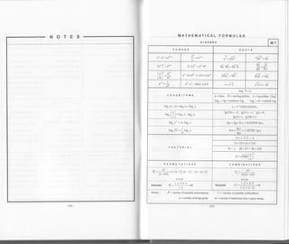 MATHEMATICAL FORMULAS
ALGEBRA M.1
POWERS ROOTS
a''
a; = Va"' '{a' = Va
(u') (a u)'" =u' o' ,6 Vb=6.u
16E
vb '{b
(u)' a'
.bl
a..6+s'".s=(b+c)a'" ('6I =dr VVa ='"i/a
I
a"=1, when a+0 i=fi J-=; Ji
LOGARITHMS
log"N=n
a=base, N =antilogarithm, n=logarithm (log)
log,o = lg = g6pr.r 1.t, log" = ln = ns1r.u1 1ot
log"(x y)=log"x+log"y e = 2.7 18281828459..
J
= log" x - log" y
Ig0.0l=-2, lg0.l=-1, 1g1=0,
lg10 = l, lgl00 = 2
log"x'=m log"x lg x = lg e. ln x = 0.434294. ln x
-llog, Vx =-:log, x
m
hx=ff=2.3o2sss tex
FACTORIAL
n!=1.2 3 ,.n
(n+l)!=(n+l)n!
0!:r. (o+r)t=(o+r)ot
"!=
J2- fll'e./
PERMU TATIONS COMBINATIONS
P; =,:+. = n.(n. t).(n -2)....(n m-t)
(n -mJ1
n>m
Exampte: P; -
l-i!1J
- 69
" l.).1.4.<
Example: ('.- , -10' 1.2,3.(t.2)
Where; P= numberofpossiblepermutations, C= numberofpossiblecombinations,
n = number of things given, m = number of selections from n given things.
 