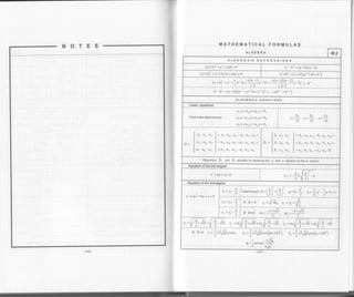 r-
NOTES-
-216-
MATHEMATICAL FORMULAS
ALGEBRA M.2
A LG E B R A IC E X P R E S S I O N S
(alb)'?=n'?+23616' 3r-U']=(a+b)(a-b)
(a +b)' - ar +3a2b+3ab'] t br sr +63 =(a+b)(a, Tab+b')
(a+b)' = n" *
a
u",6*
a(n-l)
u",6, *
a(n -1) (n2a" 3b3
+...b"
a" - b" = (a -U)(a"-r +a"'b+a" rb':
+...+ab'" +b" I
)
ALGEBRAIC EQUATIONS
Linear eouations
a|x +apy+afz = br
Third-orderdeterminants: a2x+a22y+a2rz=b1
L3rx + a32y + allz *- bl
D, D. D.
x=:t v=-. z=-
D D- t)
arL.a22.alr -al . ar. a)11
at2.a2l.alt -412.a2t.aI +
all.42 432-aB.a22.a3
I
o, u,, u,,
D, - j b, a,, a,,
I b. a,, a.,
Determine D. and D, similarly by replacing the y- and z- columns by the b- column
Equation of the 2nd degree
xt+px+q=g
Equation of ihe 3rd degree
xt+u2+bx+c=0
xr =Yr
a
3
,. ir /.
Determinant: D=l " i -l f L o- b--
l/ 21 l
2^lq=-a --a.b+c
a
If D=0: y,=i[4q, ,,=r.=E
a
- -' 3
-l-iJJ - t-i"6Il u:u: c0,=-- . o.=
-
'22
1-- ) --rf D 0: v, =iJ:/lpl co'e. r,-i.6J,orcs{q+t20'), v,-j'6ld-'1e ru0")
I -J,/Jqq= arccos- _H
 