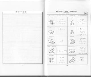 MATHEMATICAL FORMULAS
GEOMETRY
SOLID BODIES
M.3
V= volume, A=cross-seclionarea, A =surfacearea' A,d=generatedsulace
Cuboid
V=a.b.c
A, =2(a b+a c+b c)
d =-v[' *b' * t
Cone
V = -r-n3
A. =nrL, a. =rr(r+L)
/..:_L=Vr'+h'
Triangular Ptism FrustumofCone
y=I!(n.+r,+nr)
A', =2n.p L
p=0.5(R+r)
L =!F'-l)+1"
Pyramld
., A,h
3
Sphe
V=-ft'=4.189r'
3
= 1nd' = 0.5236d'
6
A. -{n1'?=nd'?
Frustum of Pyramid
v=1(A +a,+.,/e1.,)
Segmentof a sphe
- /2 
V="bl's:+hr I
6 4 )
.,( h 
 3/
,A.- =I(s'+4h')-2rrh
Cylinde
v = 1d'h
4
A' = 2nrh
,C" = 2nr(r+h)
Sectorofa Sph€re
 