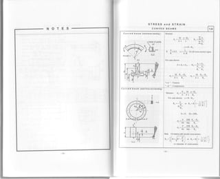 C u rved bea m (lransverse bending )
C u rve d bea m (axialforce and
STRESS and STRAIN
CURVED BEAMS
oI
Stresses:
- M y-R,,
" _leo. =-.-, h"_
' A.c y "
tA'
c=R_Ro
hl
lf :<0.5. c=--j! forallcross-secrionlypes.
R A.R
For case shown:
A =Ar +Ar,
M R._R"
'A.c R,
"+o " - Tension
"*o '' -Compression
^. N. M o-R"SreSSCS : O^ =
-+ -'AA.cRo
Forcaseshown: c=R-Ro,
N=P, M=2PR,
_ P zPR R, -Ro
-' bh bhc R"
_ P ,2PR R"-Rb
" bh bhc Rb
Note. For beams with circular cross-section:
,( | r) f '.,''rn.--ln+,/n'-a I o' no=nlr-'l*l .
z r *., L l6R/]
d = diameter of cross-section.
 